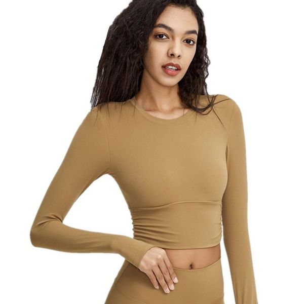 

yoga outfit quick-drying elastic long-sleeve running fitness sport t-shirt women side band shirts with chest pad