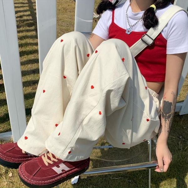 

casual ins korean style womens pant love embroidery straight wide leg loose high waist trousers harajuku, Black;white