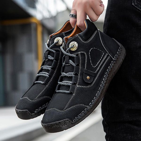 

boots valstone fashion men's leather ankle quality casual flats high-shoes autumn male breathable non-slip lace-up botas, Black