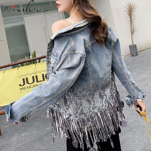 

women's jackets autumn winter korean clothes denim jacket shiny sequins tassels streetwear women coat embroidery cowboy outerwear c073, Black;brown