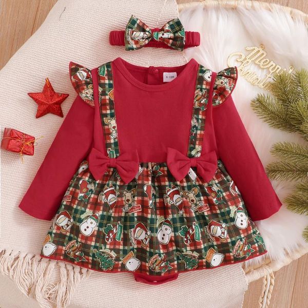 

jumpsuits focusnorm 2pcs infant baby girls boys christmas romper headband sleeve plaid snowman printed dress, Blue