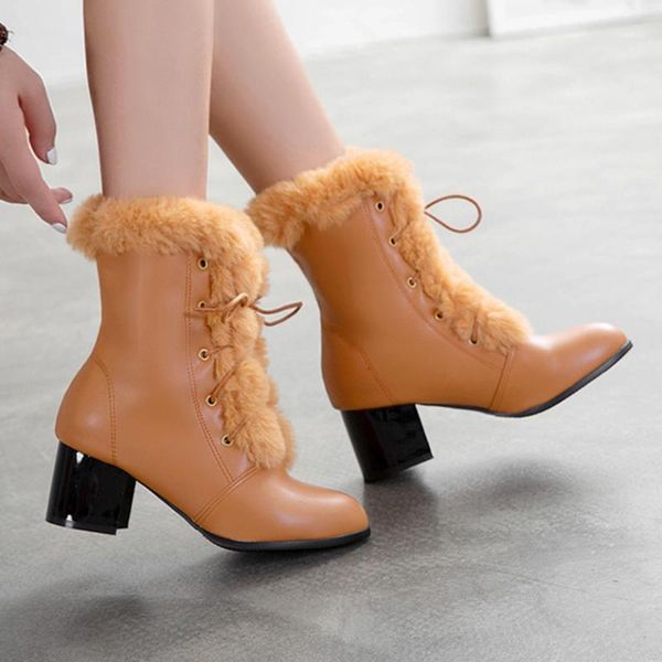 

boots women autumn winter warm fur 2021 fashion pu mid-calf motorcycle snow black pink white high-heeled shoes#311
