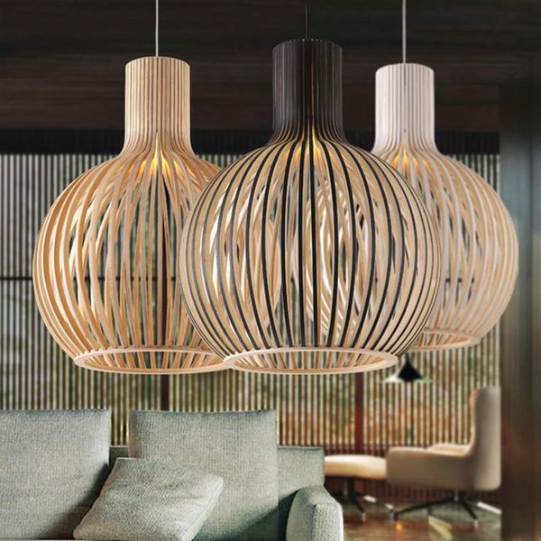 

pendant lamps modern white black wood bird cage industrial lights nordic home decor bamboo weaving wooden