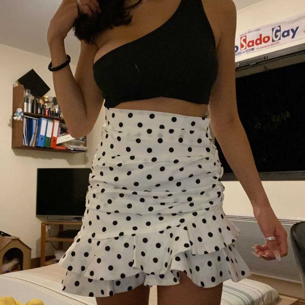 Elegante chique polka dot impressão ruched assimétrico magro mini saia za moda mulheres saias casuais streetwear jupe femme 210611
