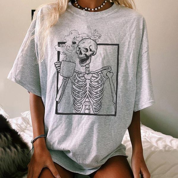 

polo grey skull print vintage mid-long tshirts woman short streetwear fashion lady will see chic size, White