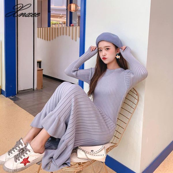 

casual dresses xnxee autumn and winter ruffled fishtail dress slim bag hip inside bottoming over the long sweater knit, Black;gray