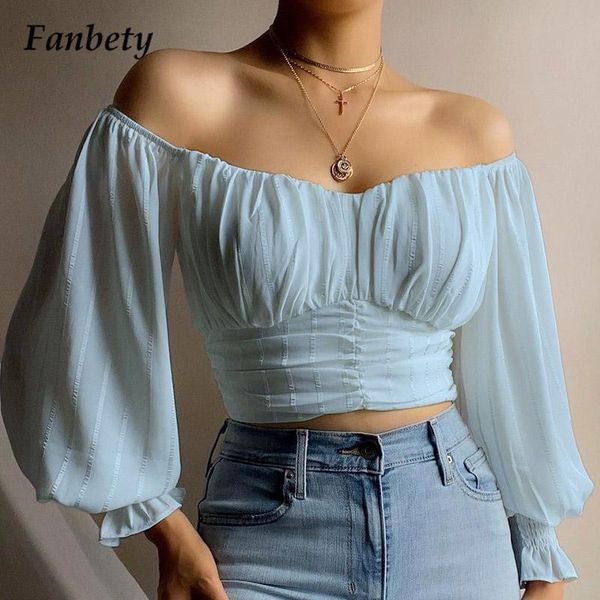 

women's blouses & shirts 2021 women backless solid chiffon autumn retro elegant slash neck casual chic lantern long sleeve blusa, White