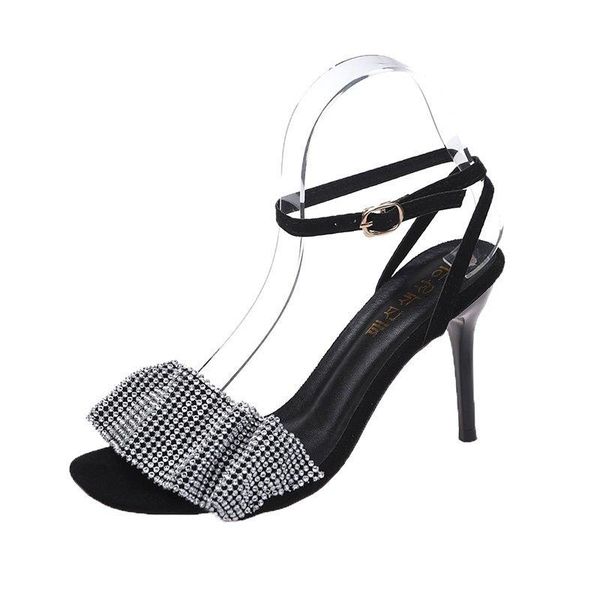 

women's sandals with heels fashion all-match pearl vamp rhinestones embellished trend casual open-toed dress shoes, Black