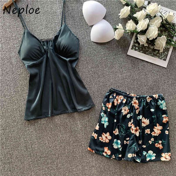 

neploe women pajamas sets v neck sleeveless camis +floral print elastic high waist wide leg shorts fashion suits 1e713 210423, Black;red