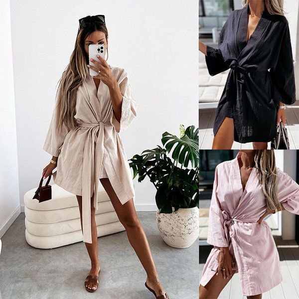 

casual dresses loose cardigan kimono dress women solid v neck autumn flare sleeve lace up 2021 spring fashion elegant robe, Black;gray