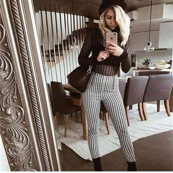 Schwarz-weiße Gingham-Doppelreißverschlüsse, schmale Legging-Hose Q0801