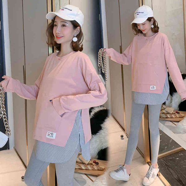 

maternity pajamas 1821# spring patchwork cotton maternity tees sweet chic casual shirt clothes for pregnant women long sleeve loose pregnanc, White