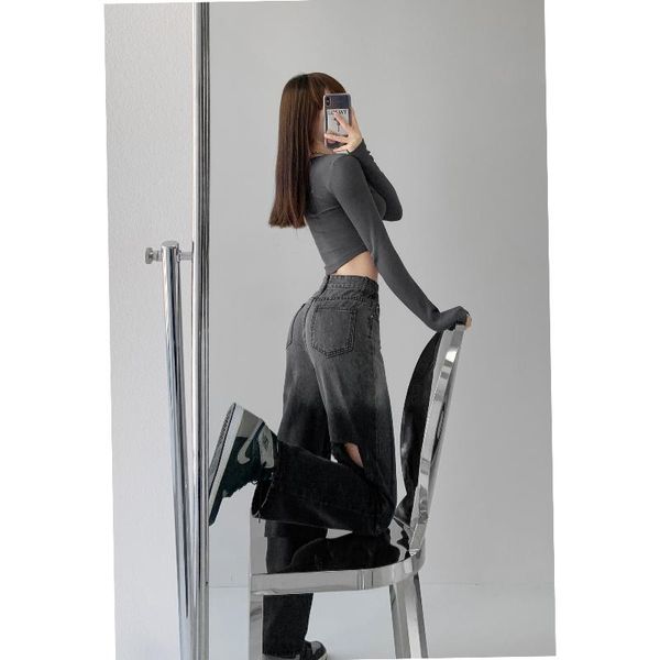 

women's jeans spring autumn woman hole high waist loose straight wide legs casual gradient distressed street all-match pants, Blue