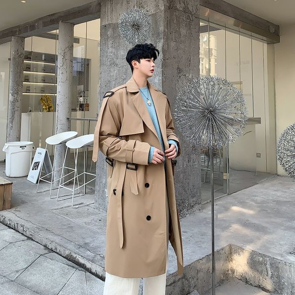 

men's coats male loose long jacket overcoat windbreaker men japan style streetwear vintage fashion casual khaki trench coat outerwear j, Tan;black