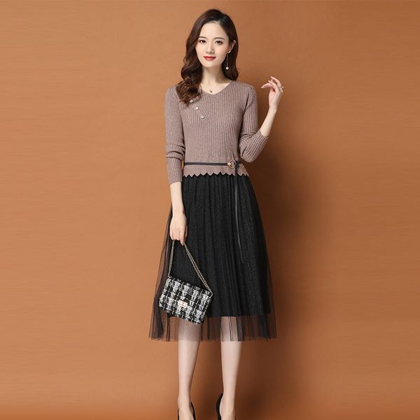 

dress Korean and Japanese style "s fake two pieces female long sleeve dressed in crocheted d729, Black;gray