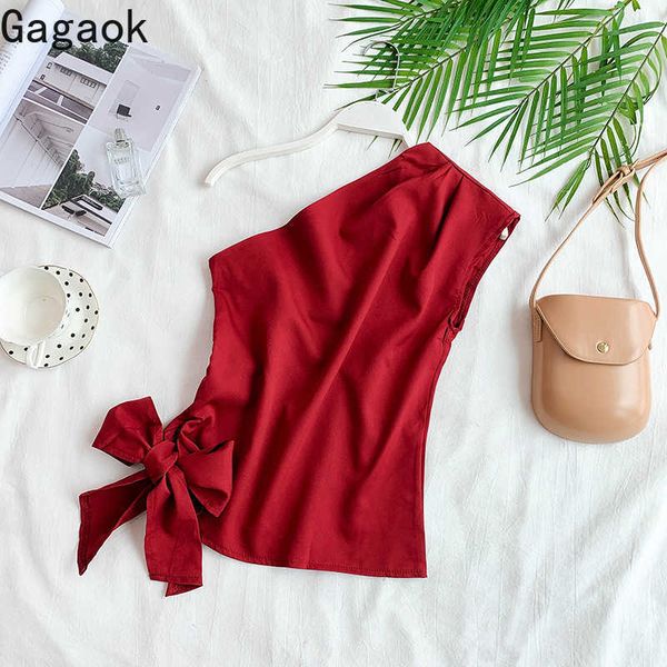 

women & club blouse spring autumn solid skew collar bow slim wild chic female fashion korean shirts 210531, White