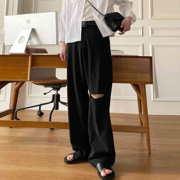 

men's pants ripped casual fashion khaki black wide-leg men streetwear korean loose hole straight leg mens trousers jb0v