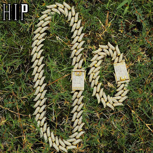 

hip hop 19mm bling aaa+ iced out alloy rhinestones thorns cuban link chain bracelet necklace for men jewelry x0509, Black