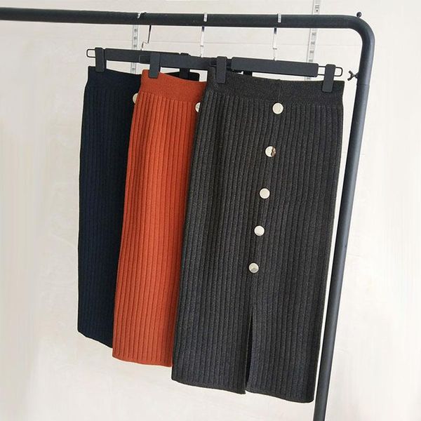 

skirts women skirt 2021 autumn winter pencil high elastic waist slim fit harajuku knitted knee length split bodycon, Black