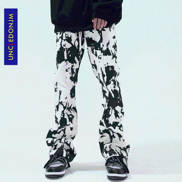 

men's pants uncledonjm retro tie-dye flare men street wear hip hop skateboard baggy harajuku fashion cargo 88210, Black