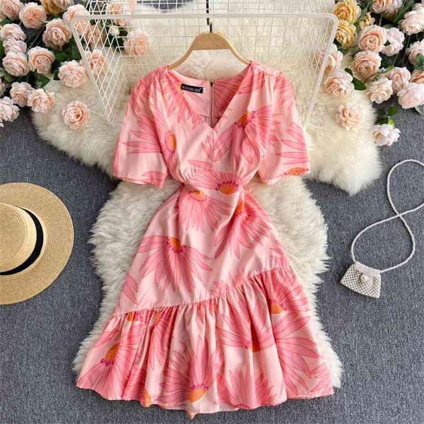 

women spring summer fashion v neck short sleeve flower print sweet mini a-line dress vintage vestido de mujer s744 210527, Black;gray