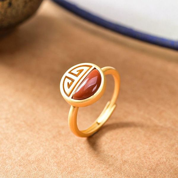

silver inlaid natural southern red agate safe buckle chinese court style pattern retro niche design opening adjustable ring cluster rings, Golden;silver