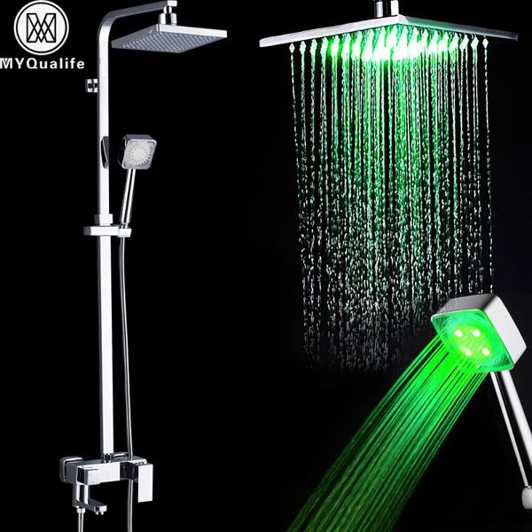 

led light shower faucet set square head color changing handshower bath system swivel spout bathroom sets