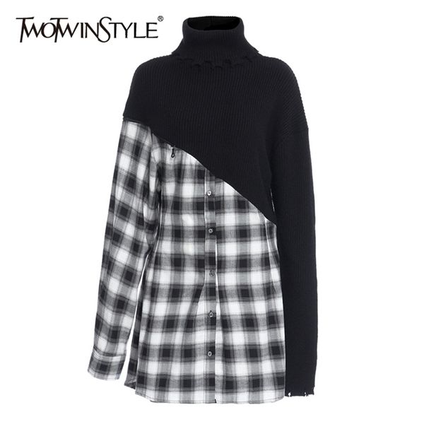 Patchwork Plaid Frauen Kleid Rollkragen Langarm Casual Mini Gestrickte Kleider Weibliche Mode Kleidung Herbst 210520