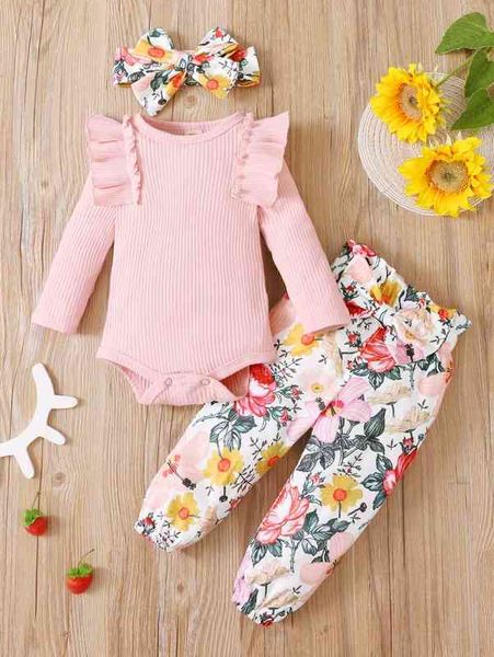 

baby ruffle trim bodysuit & floral print pants & headband she, White