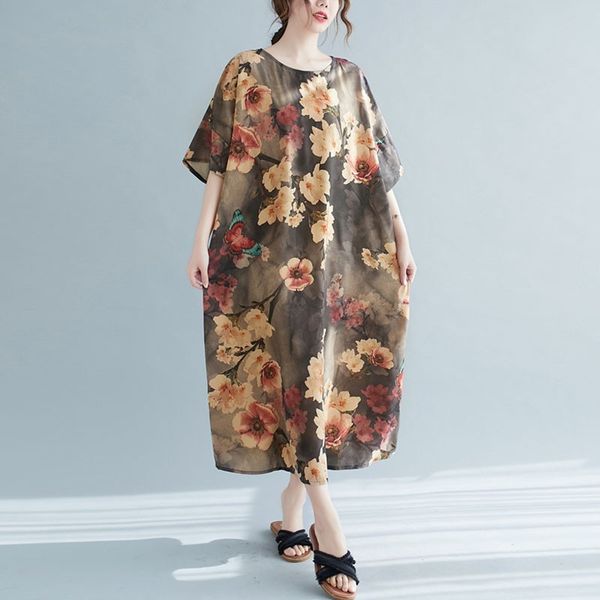 

oversized women loose casual dress new summer indie folk style vintage floral print female holiday long dresses s3503 210412, Black;gray