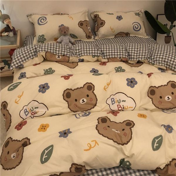 

bedding sets cute cartoon bear four-piece set 1.8 simple fresh washed cotton bed sheet three-piece ins quilt cover