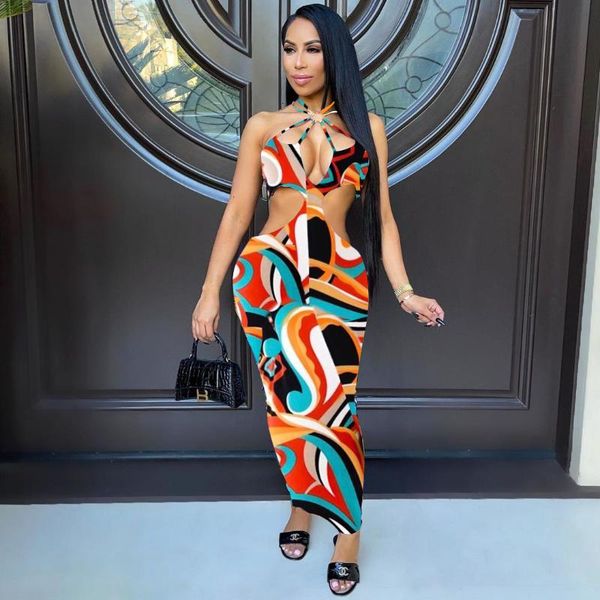 

casual dresses 2021 summer european and american women's fashion commuting print slim hollow long dress, Black;gray