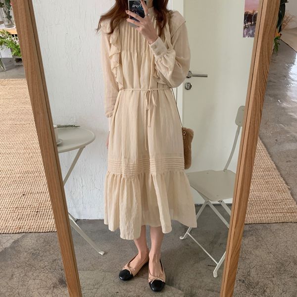 

casual dresses vintage pleated elegance 2021 streetwear lace-up chic gentle femme all match sweet ol long es vestidos aekb, Black;gray