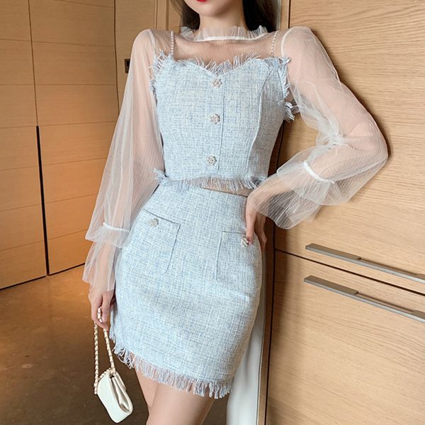 

skirt autumn and winter korean version of famous woman xiaoxiangfeng three piece set bubble sleeve mesh tassel mxrq, Black