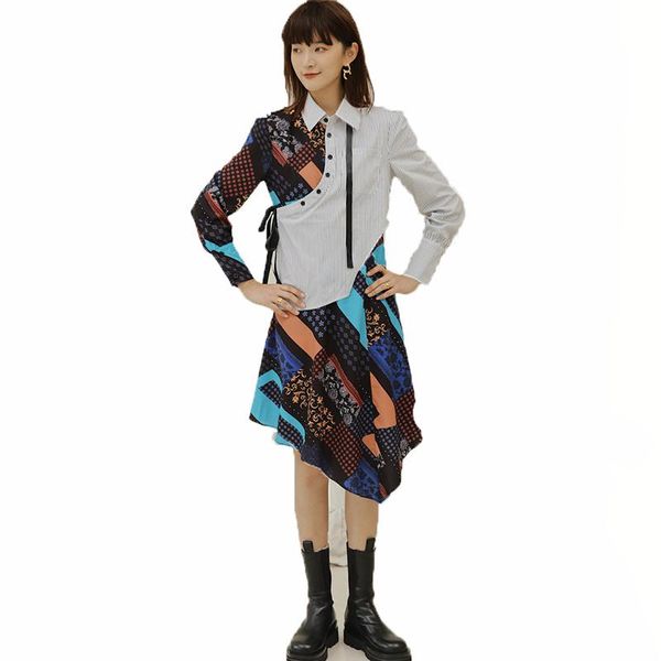 

casual dresses lanmrem 2021 turn-down collar full sleeves striped patchwork colorful shirt dress female autumn vestido wo14602l, Black;gray