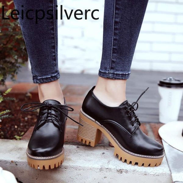 

dress shoes pumps spring and autumn the fashion round head lace-up thick heel high women's plus size 33-43, Black