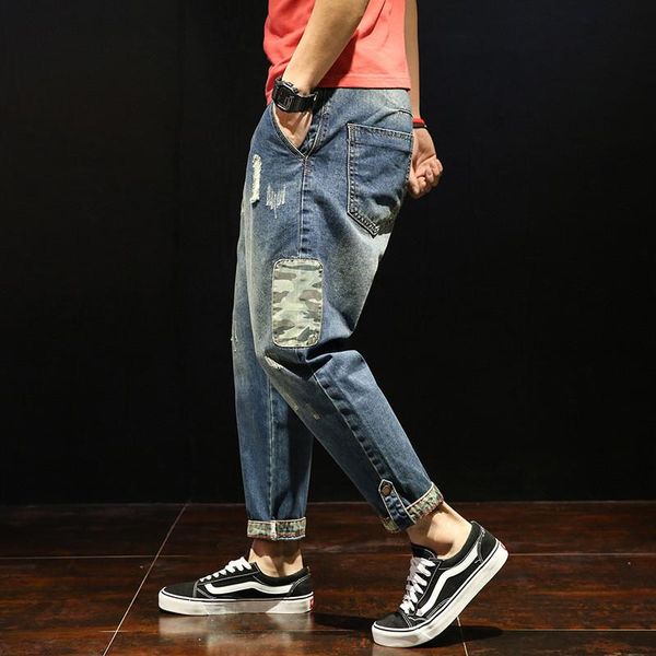 

men's jeans fashion patchwork ripped boys loose casual holes ankle-length harem pants trousers large size 28-42, Blue