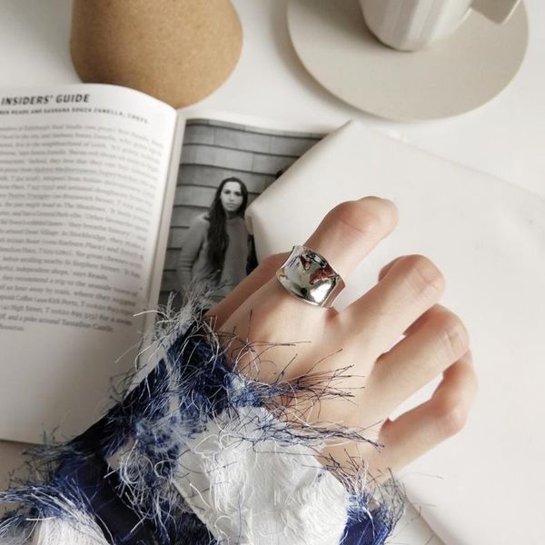 

cluster rings minimalism authentic s925 sterling silver jewelry smooth glossy concave wider irregular geometric band ring j456, Golden;silver