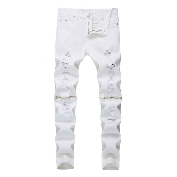 

jean fashion jeans men's slim small foot hole zipper stretch pants, Blue