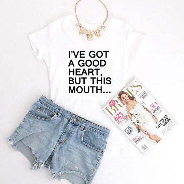 

women's t-shirt i've got a good heart but this mouth women o neck letter printed causual tee short sleeve gray t shirt female tshi, White