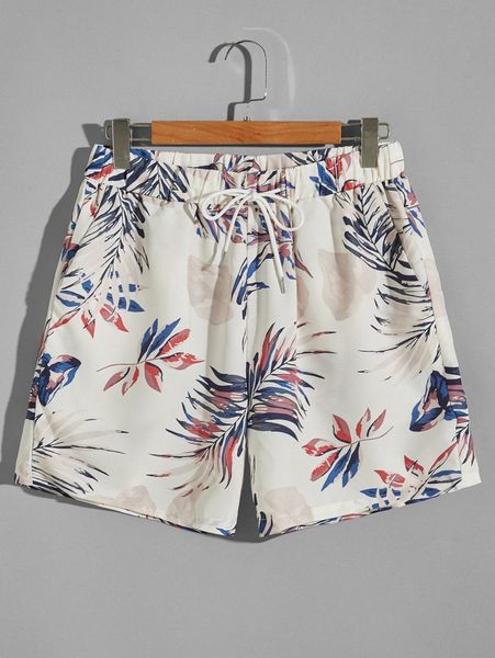 

men tropical print drawstring waist shorts z1od#, Black