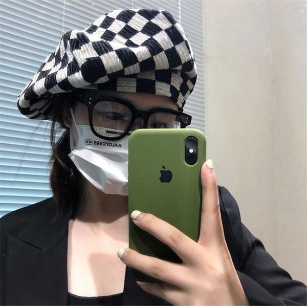

berets 202108-xx autumn ins elvet chessboard plaid pleated fabric fashion street beret hat men women leisure painter, Blue;gray