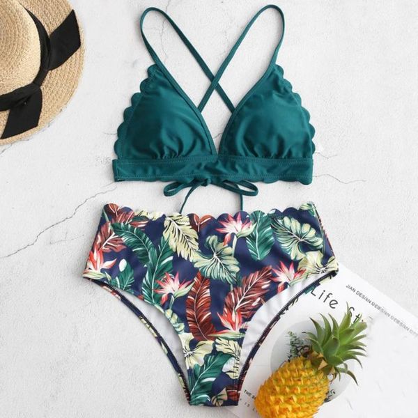 

women's swimwear 2021 women crisscross back leaf print high waist bikini set two piece swimsuit summer elegant chest pad, White;black