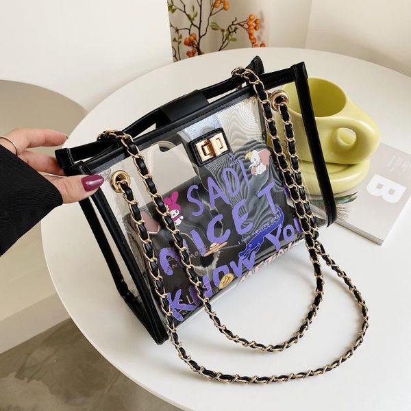 

evening bags cartoon print transparent jelly shoulder for women chain letters pattern pvc ladies crossbody trended composite purses