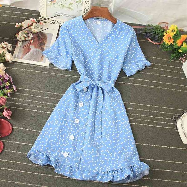 Verão Mulheres Impressa Floresta Vestido Borboleta Borboleta Doce French Flower Mini Curto Feminino GD376 210506