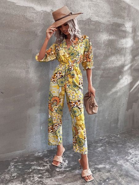 

allover print lapel neck belted jumpsuit g5z1#, White