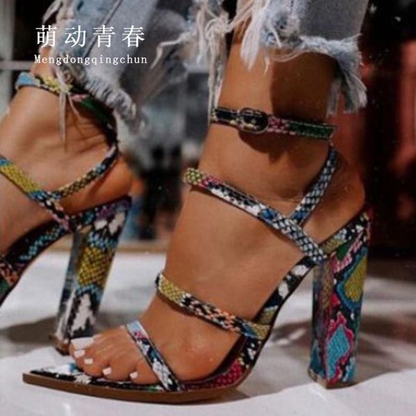 

pointed toe snake print women sandals ankle strap square high heels summer pumps zapatos party nighclub, Black
