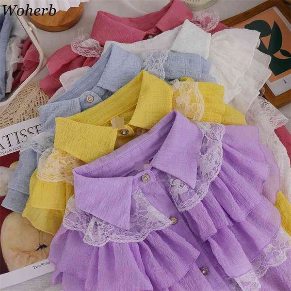 

ruffles stylish women blouses sleeveless elegant lace korean ladies chic summer blusas shirts femme 210519, White