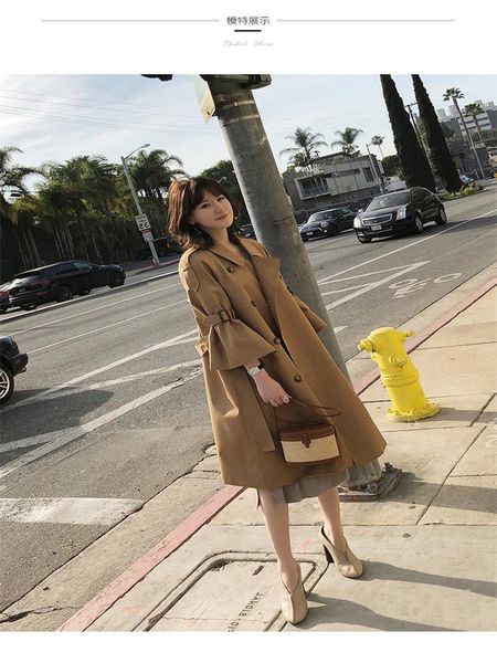 

women's trench coats windbreaker spring female horn sleeve long section of knee loose lace double-breasted coat tide., Tan;black
