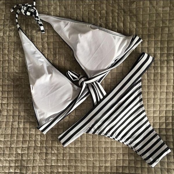 

women's swimwear hirigin striped bikinis set women paded halter bandage bra mid waist triangle bottom swimsuit bathing suits, White;black